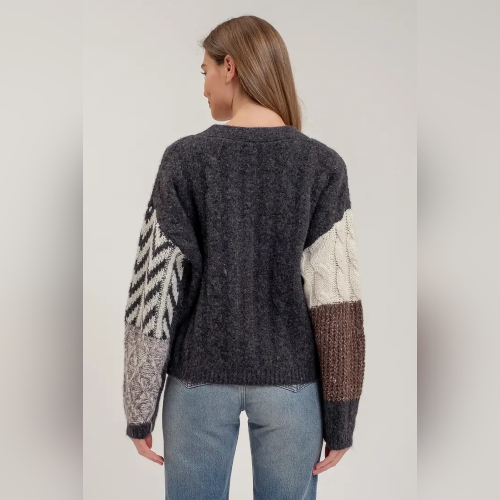 V Neck Patchwork Cable Knit Cardigan - image 4